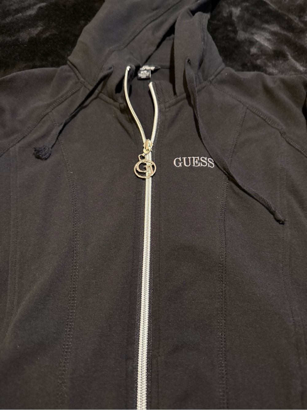 GUESS Black Zip Front Hoodie Jacket with Logo Charm